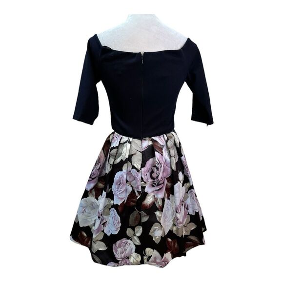 Floral Fit and Flare Dress navy Top Pink Rose Print Party Cocktail - Picture 4 of 12